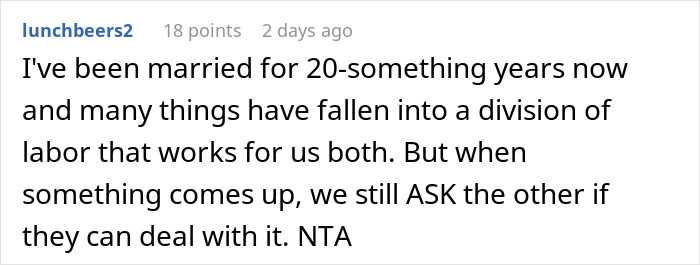 Reddit comment discussing refusing to babysit boyfriend’s niece during vacation and respecting division of labor in relationships. Reddit comment discussing refusing to babysit boyfriend’s niece during vacation and respecting division of labor in relationships.