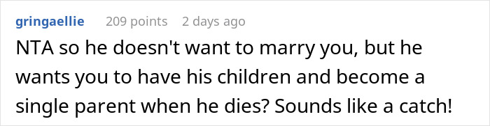 Screenshot of a social media comment discussing having kids and lack of interest in getting married. Screenshot of a social media comment discussing having kids and lack of interest in getting married.