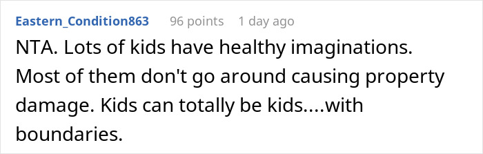 Comment text about kids&rsquo; imagination and property damage, discussing neighbor child digging ruining lawn concerns.