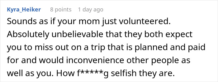 Reddit comment criticizing family drama after graduate refuses to cancel trip for sister’s babysitting emergency. Reddit comment criticizing family drama after graduate refuses to cancel trip for sister’s babysitting emergency.
