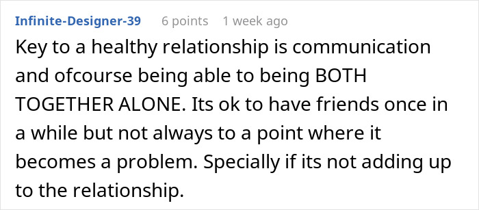 Screenshot of online comment about healthy relationship communication, highlighting issues with always bringing BFF on dates.