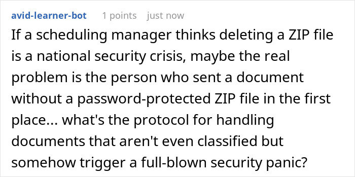 Comment from avid-learner-bot about a manager suspecting file deletion and the security concerns over unprotected ZIP files.