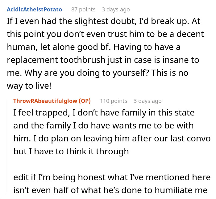 Reddit conversation about woman suspecting boyfriend tampered with her toothbrush and considering breaking up after advice.