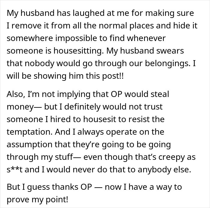Text discussing mistrust of housesitters and concern about them going through personal belongings and clothing for thrills.