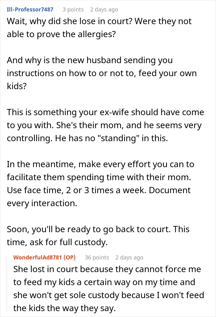 Reddit comments discussing a dad refusing to change kids&rsquo; diet despite ex&rsquo;s new husband wanting control.