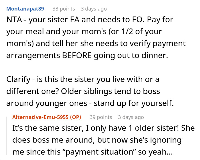 Screenshot of Reddit conversation discussing someone refusing to pay after finding out they are treating the table at dinner.