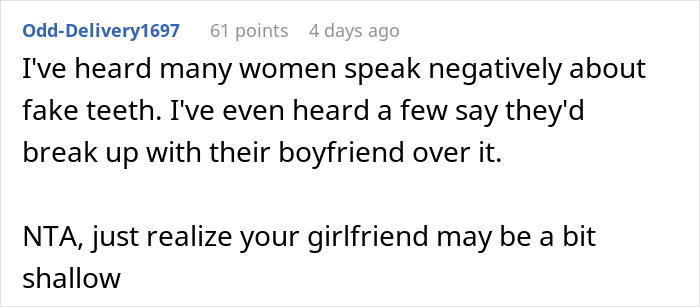 Screenshot of a Reddit comment discussing a man telling his girlfriend his teeth aren&rsquo;t real after 3 years together.