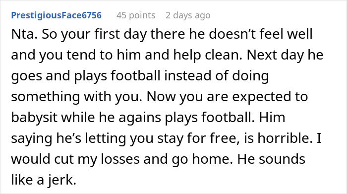 Reddit comment discussing refusal to babysit boyfriend’s niece during vacation and relationship frustrations. Reddit comment discussing refusal to babysit boyfriend’s niece during vacation and relationship frustrations.