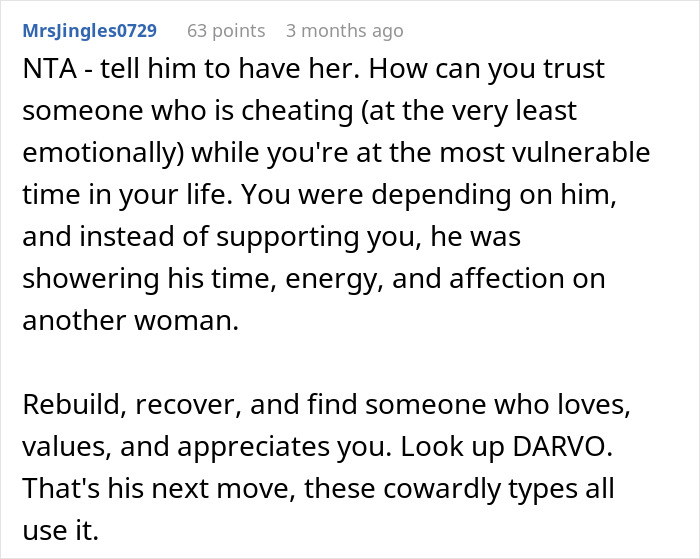 Comment advising a pregnant woman about emotional cheating and gaslighting in a failing marriage situation.