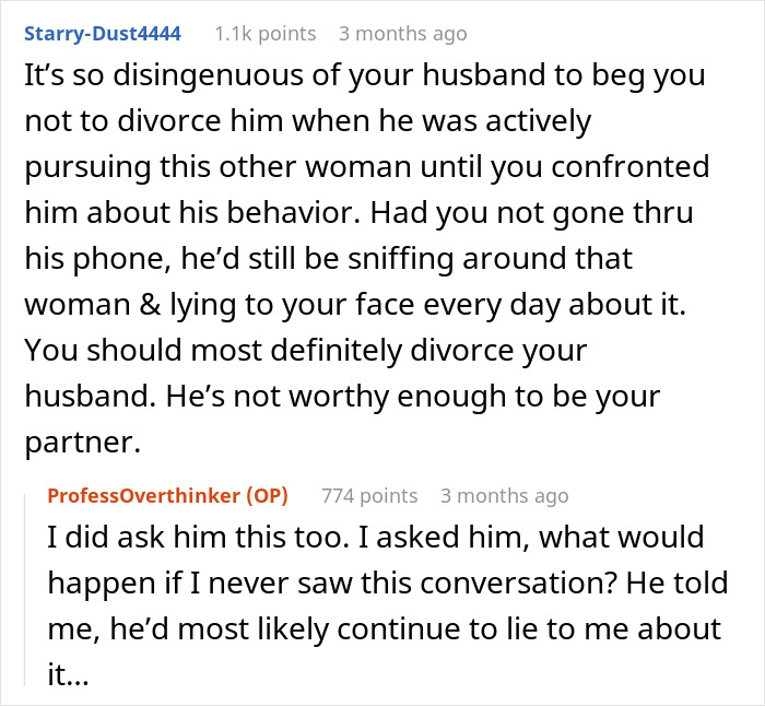 Reddit comments discussing a man gaslighting his pregnant wife and the marriage failing due to dishonesty and regret.