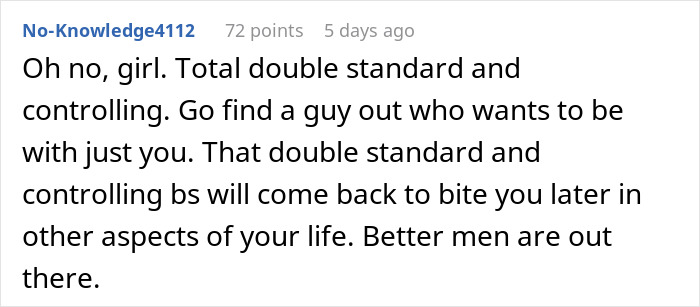 User comment discussing hypocrisy and double standards in an open relationship where one partner flips out over the other's one-night stand.