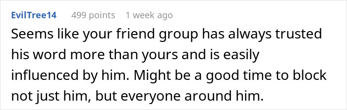 Comment discussing trust issues in a friend group influenced by a man involved in a fake relationship scheme.