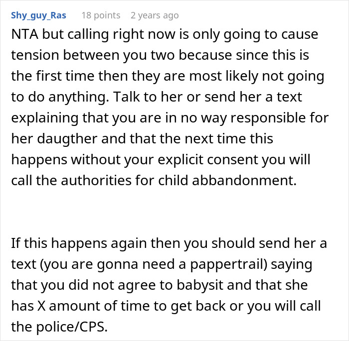 Text from a Reddit comment advising on handling child abandonment by a roommate during a work emergency.