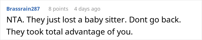 Comment highlighting a babysitter dispute, mentioning family trying to avoid paying full amount after baby falls asleep.
