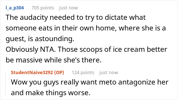 Text conversation about mom telling sister-in-law her ice cream habit complicates parenting, with reactions defending the sister-in-law. Text conversation about mom telling sister-in-law her ice cream habit complicates parenting, with reactions defending the sister-in-law.