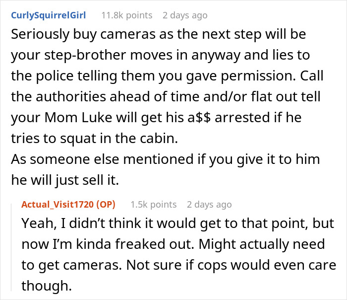 Reddit conversation about woman refusing to give dad&rsquo;s cabin to struggling stepbrother to avoid family conflict.