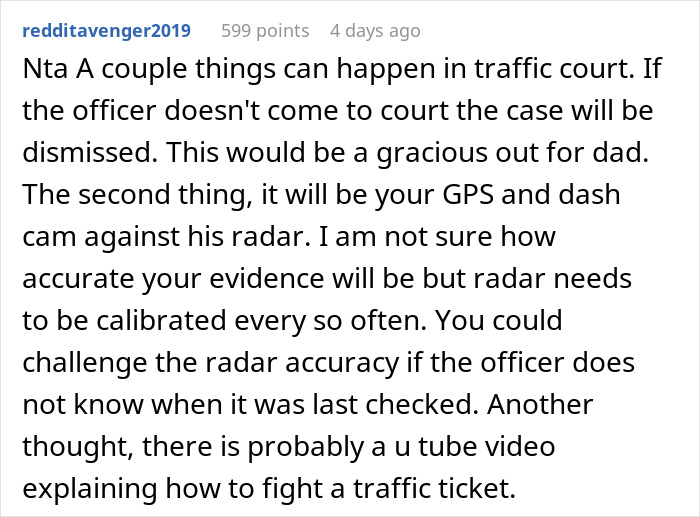 Screenshot of Reddit comment discussing how to fight a speeding ticket involving a cop wrongfully ticketing driver. Screenshot of Reddit comment discussing how to fight a speeding ticket involving a cop wrongfully ticketing driver.