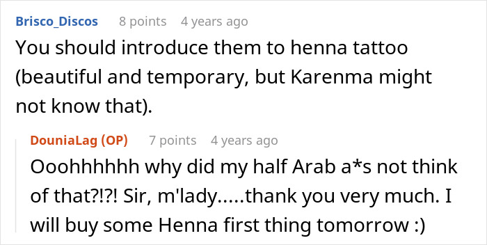 Screenshot of a reddit conversation discussing babysitter dyes girls&rsquo; hair pink and suggesting henna as a temporary alternative.
