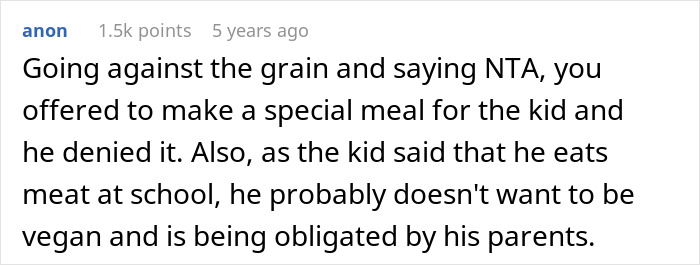 Screenshot of an online comment debating a teen forced to be vegan by parents and secretly eating meat at a friend’s house. Screenshot of an online comment debating a teen forced to be vegan by parents and secretly eating meat at a friend’s house.