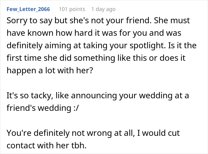 Screenshot of a forum post discussing a woman hosting a baby shower after fertility struggles and her best friend overshadowing her. Screenshot of a forum post discussing a woman hosting a baby shower after fertility struggles and her best friend overshadowing her.