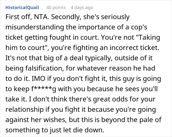Comment on a forum discussing a cop wrongfully ticketing a driver for speeding who turns out to be his daughter’s boyfriend. Comment on a forum discussing a cop wrongfully ticketing a driver for speeding who turns out to be his daughter’s boyfriend.