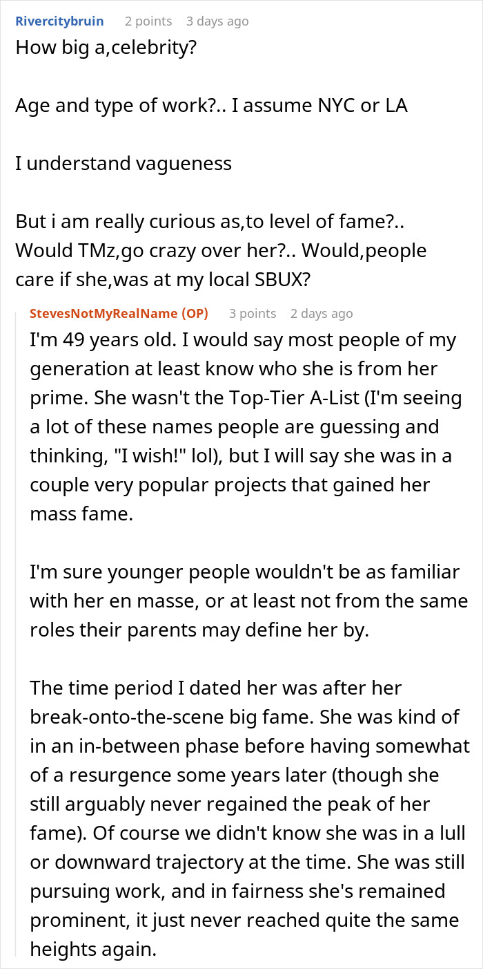 Screenshot of a Reddit conversation about dating a famous actress and her level of public fame over time.
