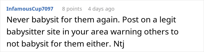 Comment on babysitting experience, warning others about family refusing to pay full amount after baby falls asleep.