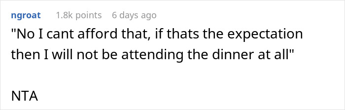 Comment on a forum expressing refusal to pay for a fancy restaurant dinner expected by MIL for 8 people on son's birthday.