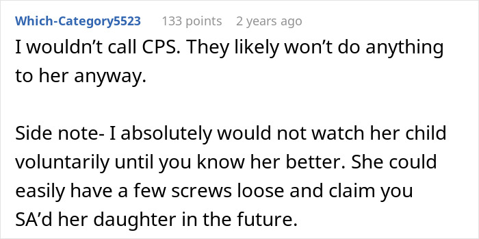 Reddit comment warning about risks of leaving child with a stranger roommate after brief acquaintance due to work emergency.