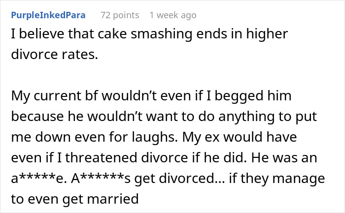Comment discussing the impact of groom smashing cake and hurting bride with fork on relationships and divorce rates. Comment discussing the impact of groom smashing cake and hurting bride with fork on relationships and divorce rates.