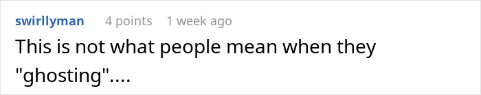 Reddit comment by user swirllyman discussing the meaning of ghosting in a casual online conversation. Reddit comment by user swirllyman discussing the meaning of ghosting in a casual online conversation.