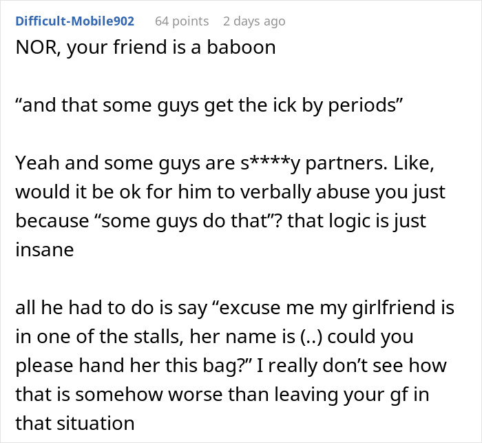 Text conversation discussing a boyfriend refusing to hand period pad and tissues, highlighting relationship issues. Text conversation discussing a boyfriend refusing to hand period pad and tissues, highlighting relationship issues.