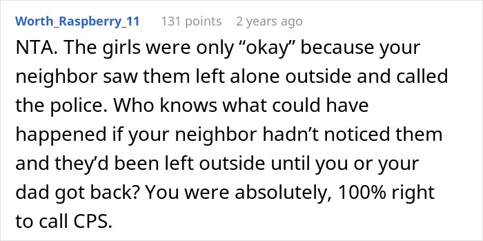 Comment discussing a man calling CPS after his mom left his little sisters alone at his empty house.