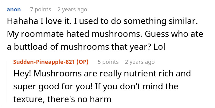 Alt text: Screenshot of a Reddit conversation about a person getting revenge on a roommate stealing food off the plate.