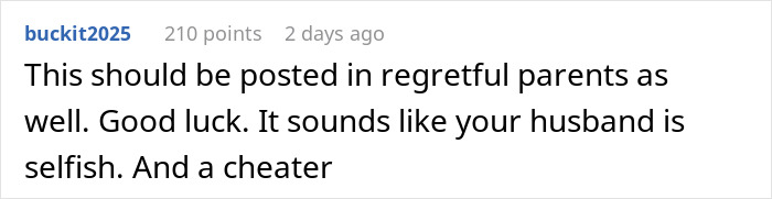 Comment highlighting a mom tired of her cheating husband and unwanted child, deciding to run away from it all.