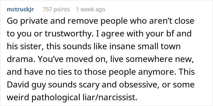 Comment warning about a man&rsquo;s fake relationship with a woman who rejected him, describing him as obsessive and a liar.