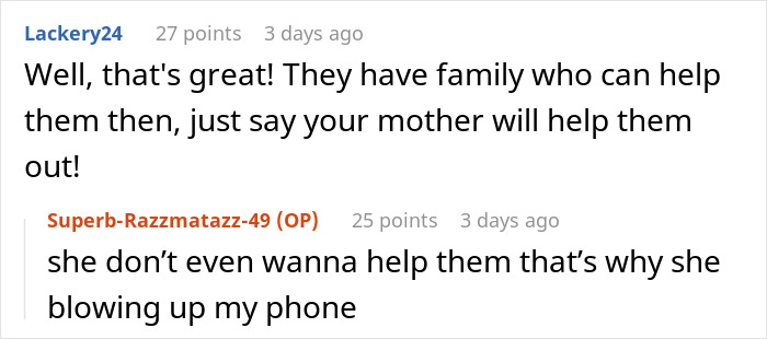 Text conversation showing a debate about family help and frustration over a noisy phone during a family dispute.