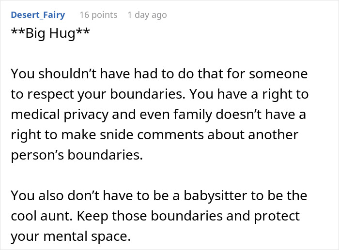 Comment about respecting boundaries and mental health related to being too depressed to babysit on a forum thread.