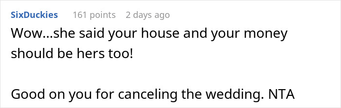 Screenshot of an online comment about a bride-to-be rejecting a prenup after secret credit card debt is revealed.