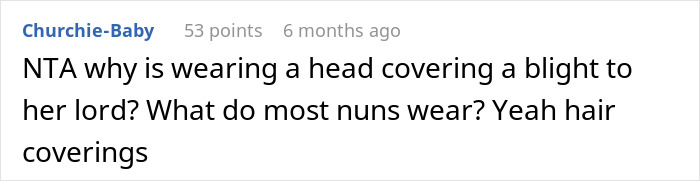 Comment discussing wearing head coverings related to alopecia and beliefs about punishment from God.