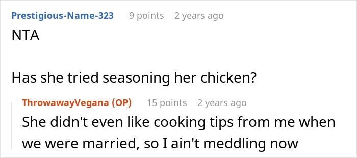 Reddit conversation about son choosing dad&rsquo;s rabbit food and mom&rsquo;s nutritious chicken, highlighting veggie love debate.