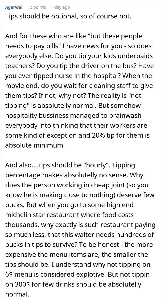 Comment discussing opinions on not tipping a waitress on a $300+ tab and hospitality tipping norms. Comment discussing opinions on not tipping a waitress on a $300+ tab and hospitality tipping norms.