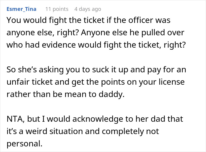 Text conversation discussing a cop wrongfully ticketing a driver, revealing the officer as the daughter’s boyfriend. Text conversation discussing a cop wrongfully ticketing a driver, revealing the officer as the daughter’s boyfriend.