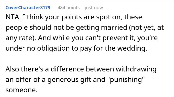 Comment discussing wedding drama over groom failing loyalty test and parent refusing to fund the wedding event.