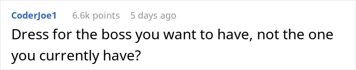 Screenshot of a Reddit comment about dressing in a full suit to spite a berating boss at the office.