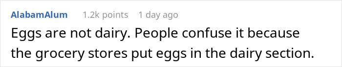 Text post explaining eggs are not dairy, noting confusion from grocery stores placing eggs in the dairy section.