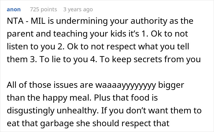 Screenshot of a comment criticizing MIL for undermining parental authority and feeding kids unhealthy fast food.