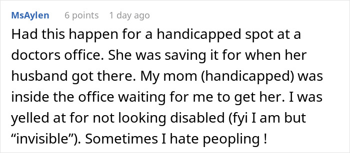 Woman standing in parking spot to save it for husband, causing conflict and getting kicked out of the area.