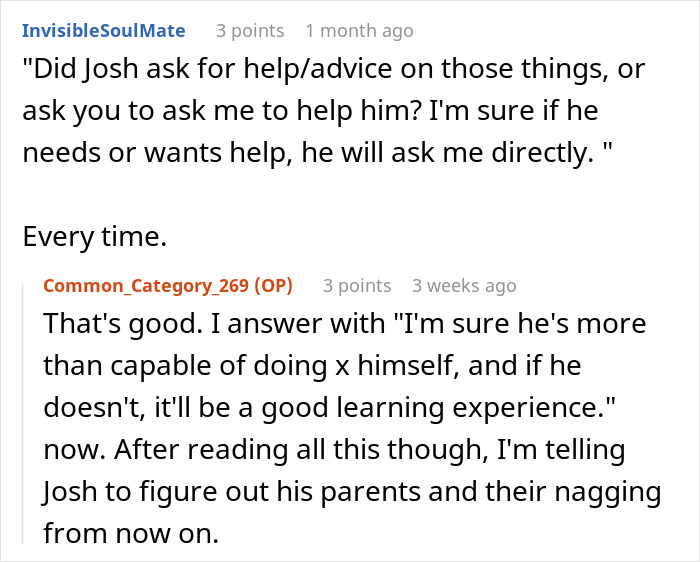 Screenshot of an online discussion about helicopter parents treating 29-year-old son&rsquo;s girlfriend like a nanny and daily planner.