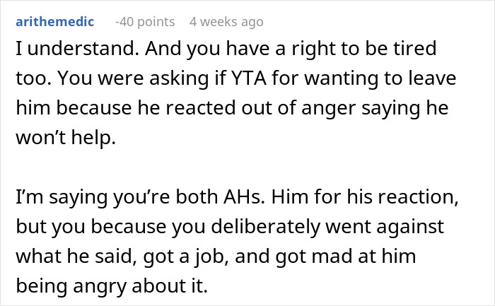 Comment explaining both parents are at fault in a discussion about a husband refusing to help with their child. Comment explaining both parents are at fault in a discussion about a husband refusing to help with their child.